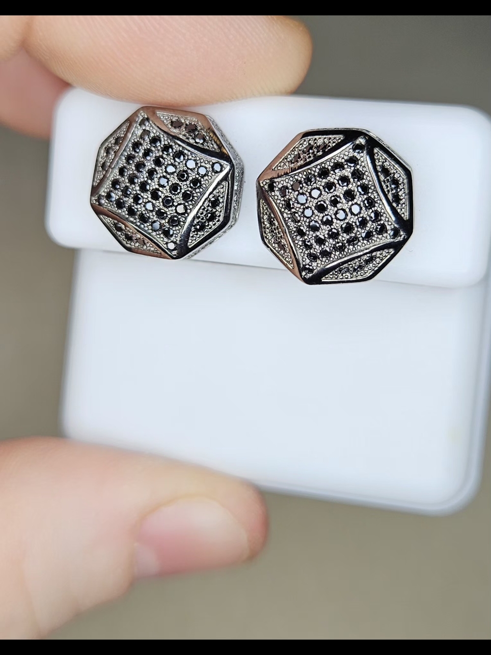 Sterling Silver Black Pavé Hexagon Screw Back Stud Earrings
